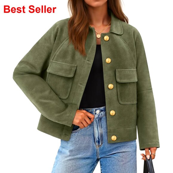 Faux Suede Cropped Jacket Button Down Casual Relaxed Fit Spring Fall